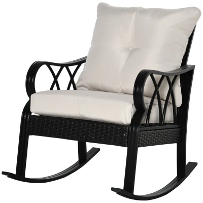 Outsunny Outdoor Wicker Rocking Chair with Padded Cushions for Garden, Patio, and Backyard, Khaki