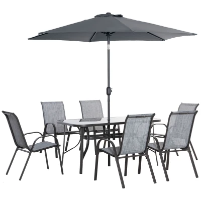 Outsunny 8 Pieces Patio Dining Set with Umbrella, 6 Chairs and Table, Grey