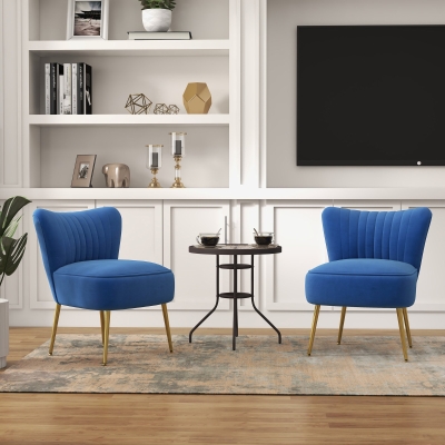 HOMCOM Velvet Lounge Chairs Set of 2, Modern Accent Chairs for Living Room with Gold Steel Legs and Tufting Backrest, Dark Blue