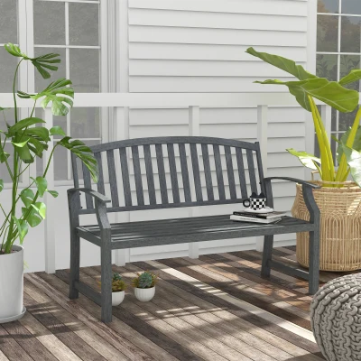 Outsunny 46" Outdoor Metal Garden Bench, Slatted Frame, Gray