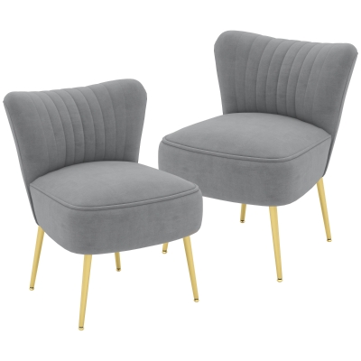 HOMCOM Velvet Lounge Chairs Set of 2, Modern Accent Chairs for Living Room with Gold Steel Legs and Tufting Backrest, Grey
