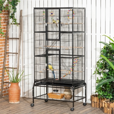 PawHut 71" Bird Cage with Wheels Perches, Ramp, Storage Shelf, Toys for Canaries, Finches, Cockatiels, Parakeets, Black