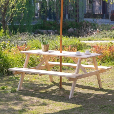Outsunny Wood Picnic Table, Camping Table and Bench Set with Umbrella Hole for Outdoor, Garden, Patio, Backyard, Natural