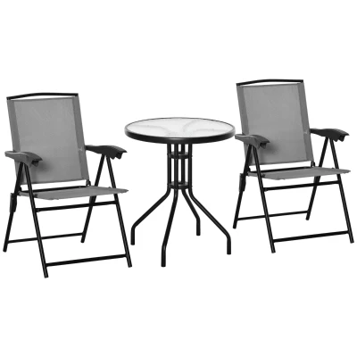 Outsunny Folding Outdoor Bistro Set, Patio Table and Chairs with Reclining Backrest and Round Dining Table, Grey