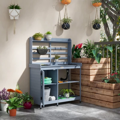 Outsunny Wooden Potting Bench with Sink, Storage, Gray