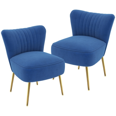 HOMCOM Velvet Lounge Chairs Set of 2, Modern Accent Chairs for Living Room with Gold Steel Legs and Tufting Backrest, Dark Blue