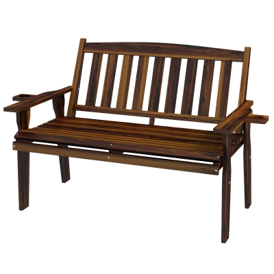Outsunny Carbonized Wood Outdoor Bench, Slatted Seat & Cupholder