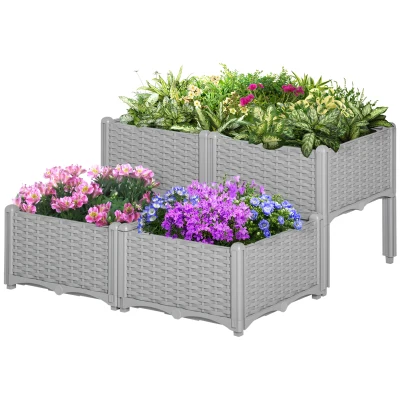 Outsunny 4-piece Raised Garden Bed PP Raised Flower Bed Vegetable Herb Grow Box Stand Grey