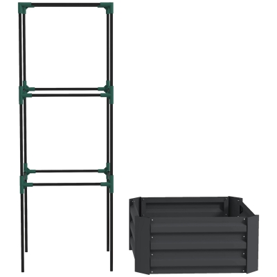 Outsunny Galvanized Planter Box, Outdoor Raised Garden Bed with 3-Tier Trellis Tomato Cage for Climbing Vines, Vegetables, Grey