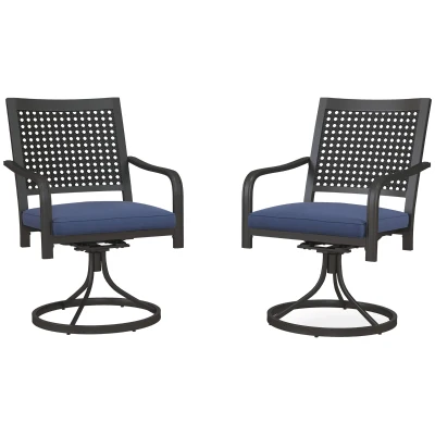 Outsunny 2 Pieces Patio Swivel Chairs with Cushion, Outdoor Swivel Rocker with Curved Armrests, Backrest for Garden, Balcony, Porch, Navy Blue
