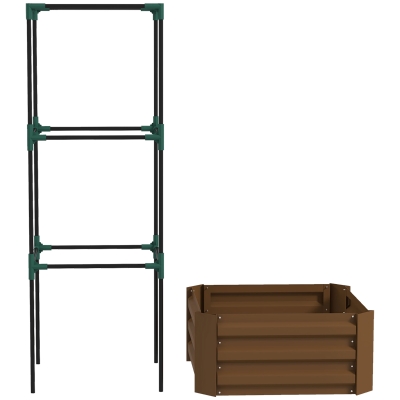 Outsunny Galvanized Planter Box, Outdoor Raised Garden Bed with 3-Tier Trellis Tomato Cage for Climbing Vines, Vegetables, Brown