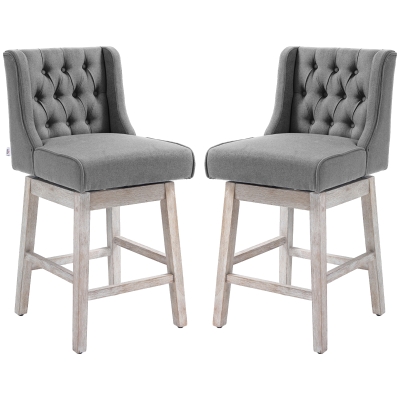 HOMCOM Set of 2 Swivel Counter-Height Bar Stools, Tufted Linen, Gray