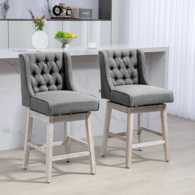 HOMCOM Set of 2 Swivel Counter-Height Bar Stools, Tufted Linen, Gray