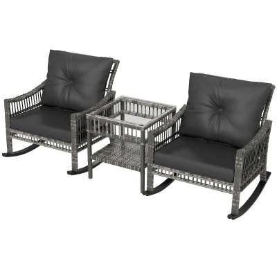 Outsunny 3 Pieces Outdoor PE Rattan Rocker Chair Set, Rocking Chair with Tempered Glass Table Top,25"x26"x28", Mixed Grey