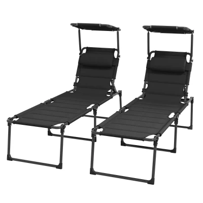 Outsunny Folding Chaise Lounge with Adjustable Sunroof, Outdoor Quick Dry Padded Tanning Chairs with Headrest, Reclining Back Outdoor Lounge Chair, for Beach, Yard, Patio, Black