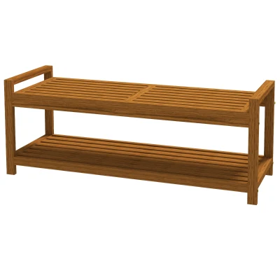 Outsunny Garden Stool with Storage Shelf, Slatted Seat for Indoor Conservatory, Garden, Poolside, Deck, Teak