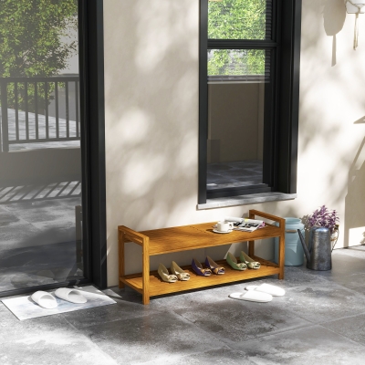 Outsunny Garden Stool with Storage Shelf, Slatted Seat for Indoor Conservatory, Garden, Poolside, Deck, Teak