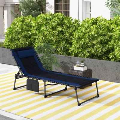 Outsunny Folding Chaise Lounge w/ 5-level Reclining Back, Outdoor Tanning Chair Lounge Chair w/ Padded Seat, Side Pocket, Headrest, Carry Strap, for Beach, Yard, Patio, Blue