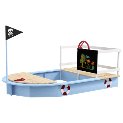 Outsunny Pirate Ship Wooden Sandbox for Kids, Blue