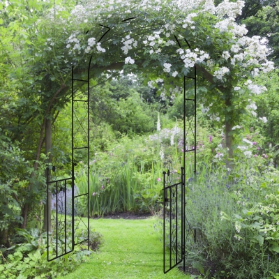 Outsunny 7.5FT Metal Garden Arbour with Double Gate, Arch Trellis for Climbing Vine Plants, Outdoor Wedding, Decoration, Black