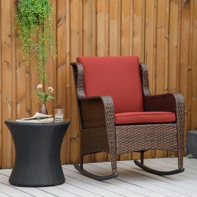 Outsunny Outdoor Wicker Rocking Chair, PE Rattan Porch Rocker with Cushions, Wine Red