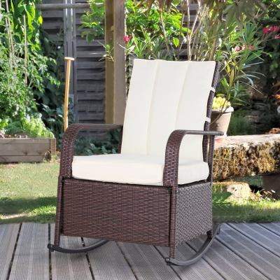 Outsunny Outdoor Wicker Rocking Chair with Cushion, Patio PE Rattan Recliner Chair with Adjustable Footrest, Armrests, Cream White