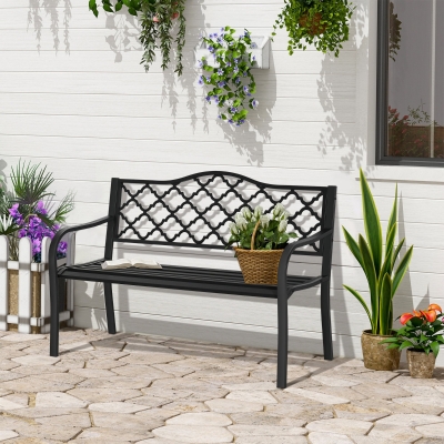 Outsunny 2-Seater Steel Garden Bench, Antique Outdoor Loveseat with Armrests and Chic Backrest for Yard, Lawn, Patio, Black