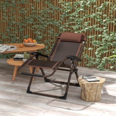 Outsunny Outdoor Zero Gravity Chair, Folding PE Rarran Reclining Patio Lounge Chair with Recline Back, Headrest, Footrest, for Poolside, Garden, Brown