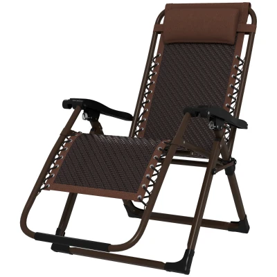 Outsunny Outdoor Zero Gravity Chair, Folding PE Rarran Reclining Patio Lounge Chair with Recline Back, Headrest, Footrest, for Poolside, Garden, Brown