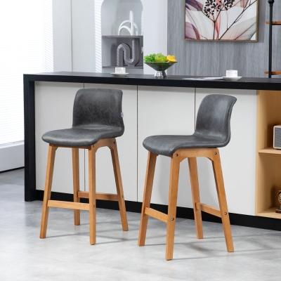 HOMCOM Modern Bar Stools Set of 2, Counter Height Bar Chair with PU Leather Wooden Frame Padding Seats for Dining Room Home Bar, Grey