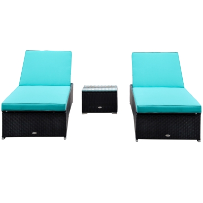 Outsunny 3pc Rattan Lounge Chair Set with Side Table Outdoor Patio Synthetic Rattan Wicker Sun Bed Set with Cushion