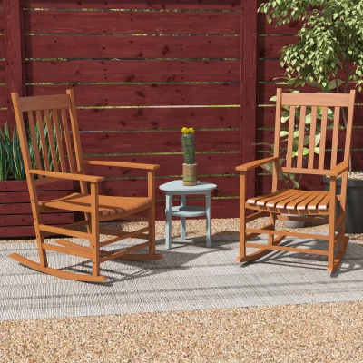 Outsunny Patio Rocking Chair Set of 2, Wooden High Back, Teak