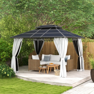 Outsunny 10' x 12' Outdoor Hardtop Gazebo Canopy w/ Double PC Roof, Steel Frame, Nettings, Curtains for Garden Lawn Deck, Grey