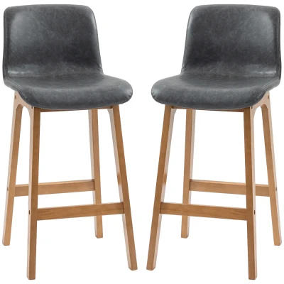 HOMCOM Modern Bar Stools Set of 2, Counter Height Bar Chair with PU Leather Wooden Frame Padding Seats for Dining Room Home Bar, Grey