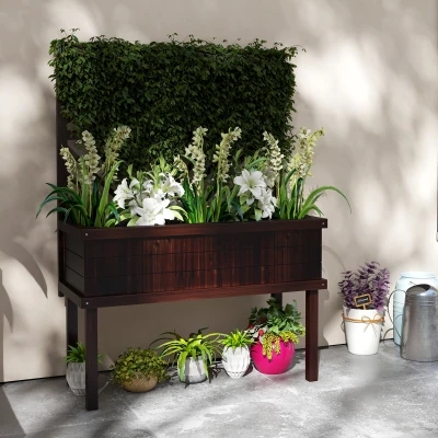 Outsunny Elevated Wood Planter with Trellis, Carbonized Garden Bed