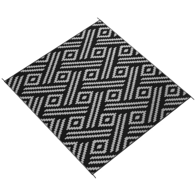 Outsunny Reversible Outdoor Rug Waterproof Plastic Straw RV Rug with Carry Bag, 8' x 10', Black and Grey Geometric