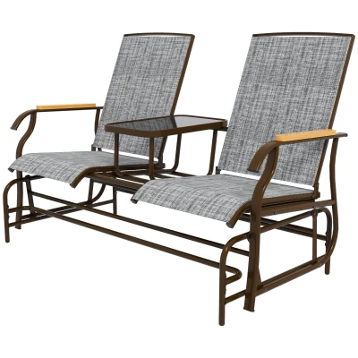 Outsunny Outdoor 2-Person Glider Bench, Outside Swing Glider Chair Loveseat with Breathable Mesh, Table, Steel Frame