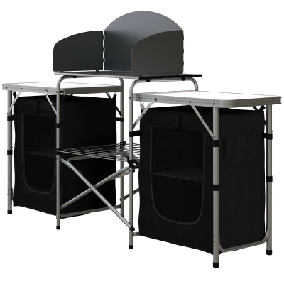 Outsunny Aluminum Camping Table, Folding Camping Kitchen with Windshield, Cupboards and Carrying Bag, for BBQ Camp Party Picnic