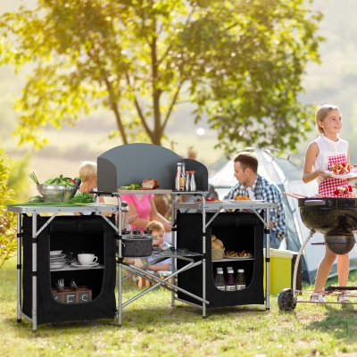 Outsunny Aluminum Camping Table, Folding Camping Kitchen with Windshield, Cupboards and Carrying Bag, for BBQ Camp Party Picnic