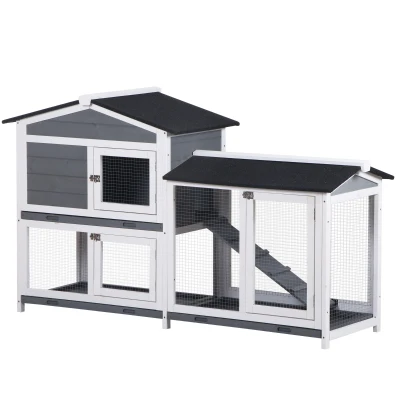 PawHut 2-tier Wooden Rabbit Hutch w/ Ramp and Outdoor Run, Grey