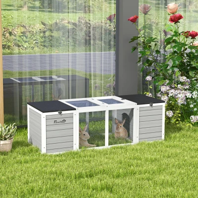 PawHut 55" Outdoor Rabbit Hutch, Gray with Openable Roofs