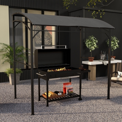 Outsunny 7' x 5' Garden Grill Canopy, BBQ Grill Gazebo Tent with Steel Frame and Hooks, Outdoor Sun Shade, Charcoal Grey