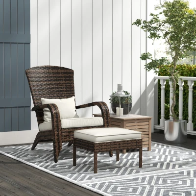 Outsunny Wicker Adirondack Chair Set with Ottoman & Cushions, White