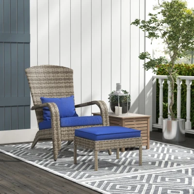 Outsunny Wicker Adirondack Chair Set with Ottoman & Cushions, Blue