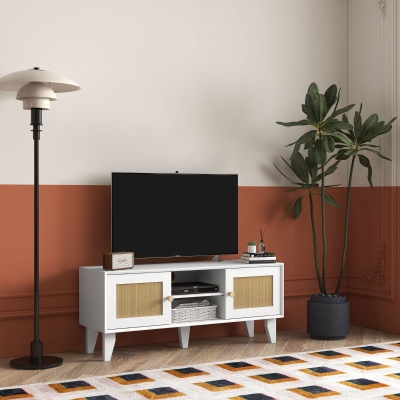HOMCOM TV Stand Cabinet for 50-Inch, TV Table with 2 Rattan Doors, Television Stand with Adjustable Shelves and Cable Holes