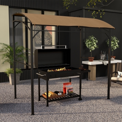 Outsunny 7' x 5' Garden Grill Canopy, BBQ Grill Gazebo Tent with Steel Frame and Hooks, Outdoor Sun Shade, Dark Brown