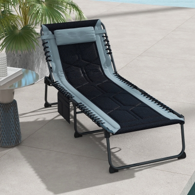 Outsunny Folding Chaise Lounge w/ 5-level Reclining Back, Outdoor Tanning Chair Lounge Chair w/ Padded Seat, Side Pocket, Headrest, Carry Strap, for Beach, Yard, Patio, Black