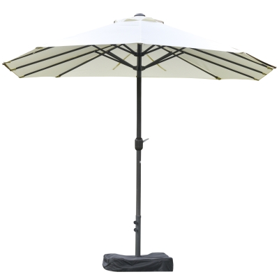 Outsunny 15' Outdoor Patio Umbrella with Twin Canopy Sunshade Steel Table Umbrella w/ Lift Crank, Cross base, Sandbag, Beige