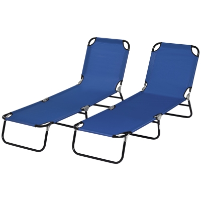 Outsunny Set of 2 Folding Outdoor Lounge Chair, Sun Tanning Chairs with Reclining Back, Breathable Mesh for Beach Patio, Blue