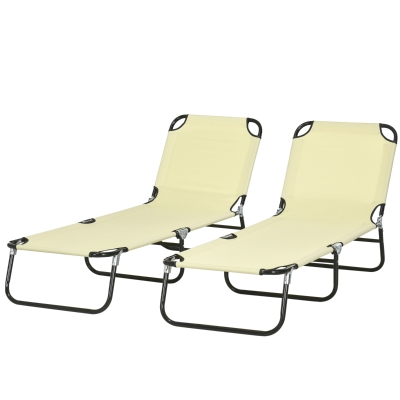 Outsunny Set of 2 Folding Outdoor Lounge Chair, Sun Tanning Chairs with Reclining Back, Breathable Mesh for Beach Patio, Beige